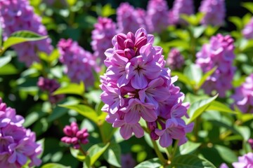 Delicate purple lilacs bloom vibrantly in a sun-drenched garden, their sweet fragrance filling the air, springtime, spring, shrub