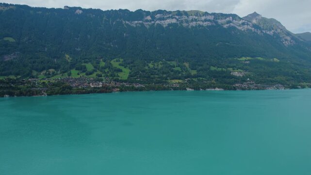 Aerial view around the lake Brienz and the city B&ouml;nigen, Ringgenberg in Switzerland on a sunny day in summer.