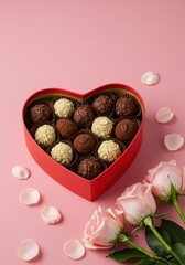 Luxury heart shaped box filled with gourmet truffles and fine pralines, surrounded by delicate tender roses, romantic gift ,candy ,valentine ,red