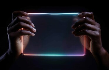 Hands Holding Transparent Glowing Screen Frame Futuristic Mockup