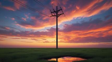 Lone electric pole stands tall in a vast grassy plain under a dramatic sunset sky with vibrant clouds of orange, pink, and purple hues, set against a silhouette composition.