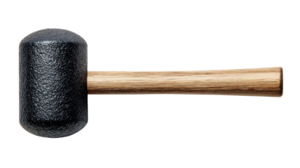 Rubber mallet with wooden handle laying horizontally on a transparent background, depicting work, construction, and repair tools