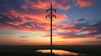 a lone electric pole stands tall in a vast grassy plain under a dramatic sunset sky with vibrant clouds of orange, pink, and purple hues, set against a silhouette composition.
