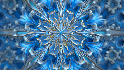 A central star-like fractal pattern with intricate blue and silver details