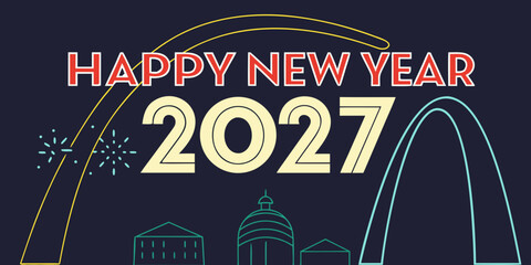 Obraz premium USA, US, U.S, United States - Happy new year 2027 celebration with fireworks and city skyline vector illustration graphic resources fireworks celebration building architecture 