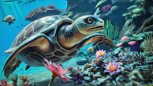 A giant sea turtle swims among corals and flowers.