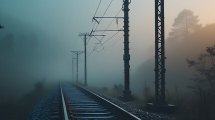 Professional photograph of a solitary electric pole standing adjacent to railway tracks, shrouded in a thick early morning fog, captured with a long depth of field, exhibiting cinematic realism.
