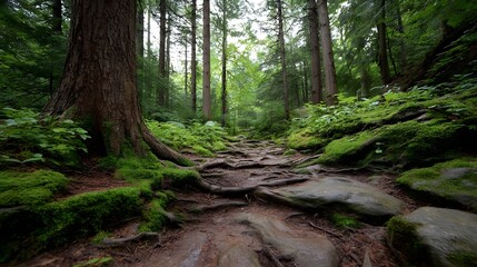Obraz premium A winding forest trail covered in moss roots and rocks leads through a dense green woodland