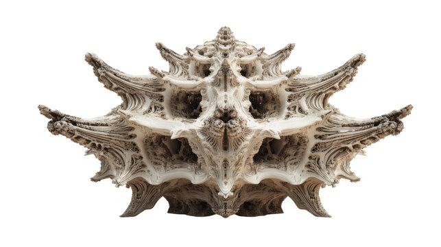 Abstract 3d rendering showing a symmetrical mandelbulb fractal shape with an intricate organic and bony structure