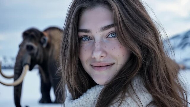 Beautiful young wild ice age woman looking proudly straight at the camera, next to her ice age mammoths