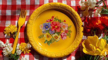&ldquo;Vibrant Yellow Plate with Colorful Flowers on Classic Red and White Checkered Tablecloth&rdquo;