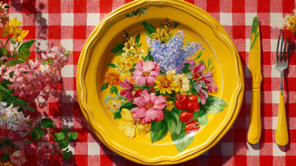 &ldquo;Vibrant Yellow Plate with Colorful Flowers on Classic Red and White Checkered Tablecloth&rdquo;