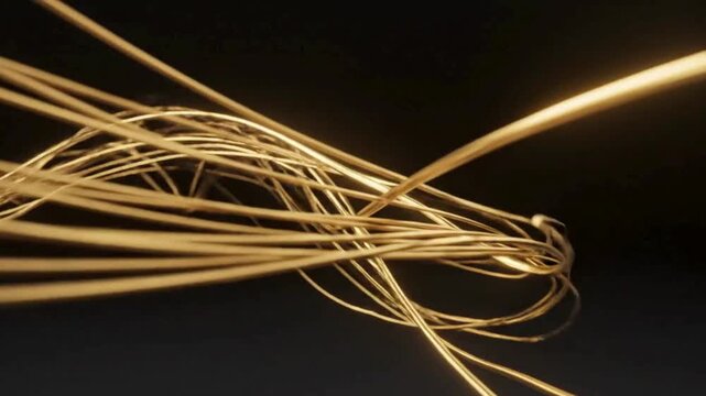 Golden fiber optic cables intertwined in a complex pattern against a dark background, creating a visually striking display of light and technology together beautifully.