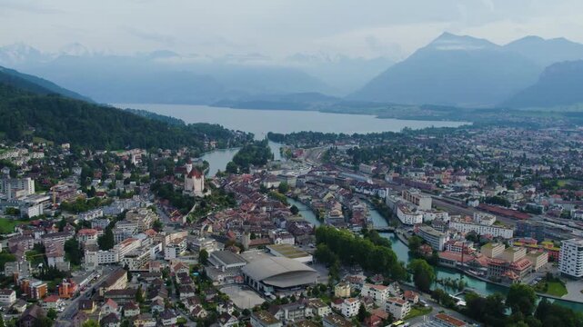A panoramic Aerial view of the city Thun in switzerland  on a cloudy afternoon in summer