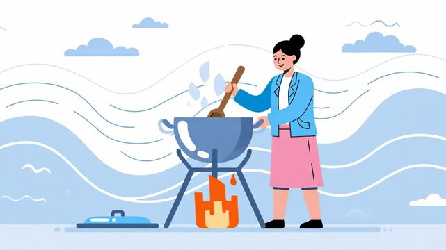 A Woman Cooking Delicious Meal On A Fire, Fresh And Creative Illustration