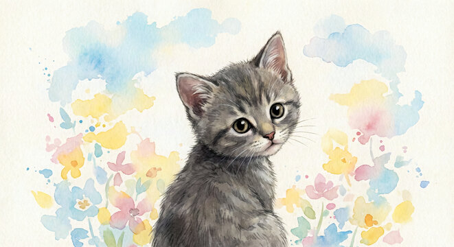 Adorable small tabby kitten peeking from behind soft pastel watercolor spring flowers - Powered by Adobe