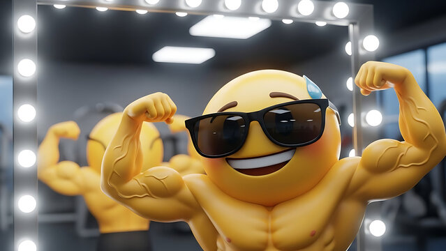 Smiling muscular yellow emoji wearing sunglasses flexing arms in front of mirror with lights