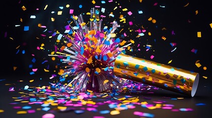 A New Year party popper exploding with vibrant confetti, captured in a professional studio setting with high-speed flash, sharp focus, and a dark, velvety black background.
