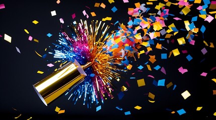 A Premium New Year party popper exploding with vibrant confetti, captured in a professional studio setting with high-speed flash, sharp focus, and a dark, velvety black background.