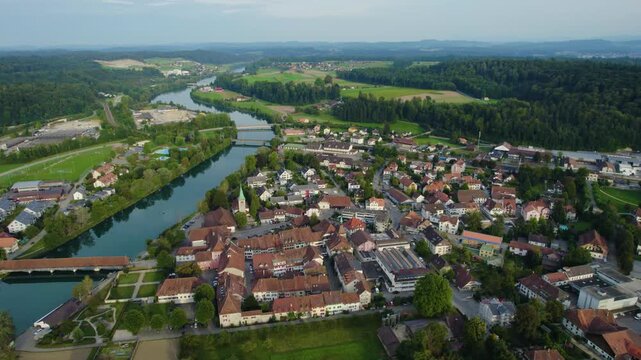 Aerial view around the old town of the city Wangen an der Aare in Switzerland on a late afternoon in summer.