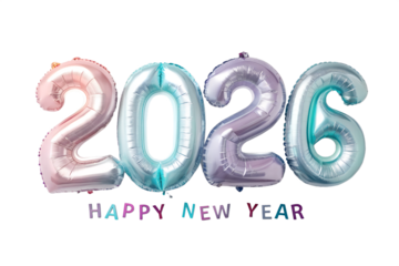 A vibrant image featuring metallic balloons in the shape of the numbers 2026, accompanied by the text 'Happy New Year' in a playful, multicolored font, symbolizing the joy and festivity of the New