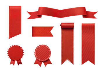 A set of red ribbon banners and labels with various textures and shapes, arranged on a white background, perfect for design and decoration purposes.