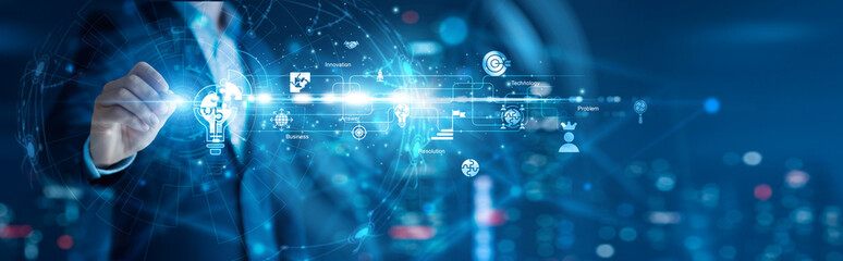 Business strategist drawing network connection and problem-solving frameworks for solutions, enabling optimized operations, client satisfaction, and global networking with tailored solutions.