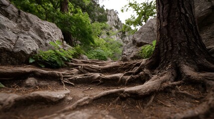 Obraz premium Close up view of textured tree roots winding along a rugged mountain path surrounded by rocks and greenery