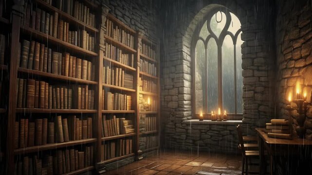 Immerse yourself in a serene ancient library on a rainy night. Stone walls, antique books, and soft candlelight create a cozy, magical atmosphere, perfect for study and contemplation.
