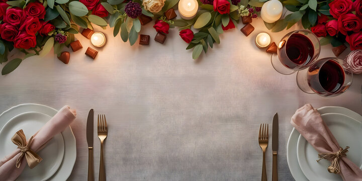 Valentine dinner table, wedding , special day. An elegant setting features romantic candles, red roses, fine cutlery. Perfect for anniversary celebrating memorable occasion. Guests find it ready