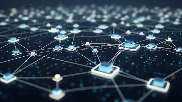 Network connection concept with glowing blue nodes and white lines on dark background with bokeh effect, representing digital communication and data exchange - Powered by Adobe