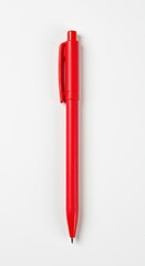 A simple, bright red plastic ballpoint pen, ready for writing, isolated and centered against a stark, clean white backdrop for clear presentation ,everyday, drawing, notes
