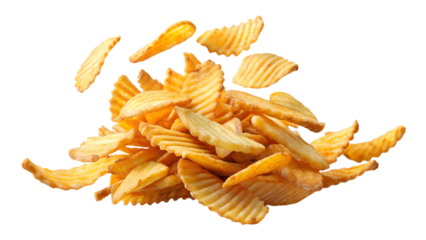 A pile of crispy ridged potato chips suspended in mid-air, showcasing their golden color and crunchy texture against a plain white background.