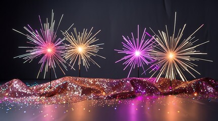 A professional photo of New Year fireworks concept recreated using vibrant glitter and light streak props in a studio setting with a dark gray or black backdrop.