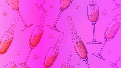 Lively Illustration of Pink Champagne Flutes and Sparkling Bubbles on a Festive Gradient Background, Perfect for Celebrations and Joyful Occasions