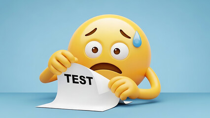 A stressed yellow emoji character holding a crumpled test paper with a worried expression and a tear drop on its head, conveying anxiety and frustration in a light blue
