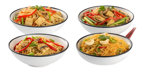 Four white bowls with black trim, each containing a different Asian-style noodle dish, featuring a variety of vegetables and proteins, presented against a clean white background.