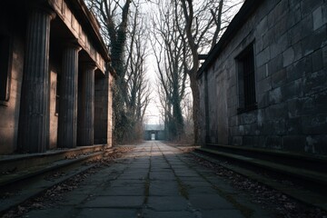 Obraz premium Majestic alley with columns and barred window leading to a mysterious gate