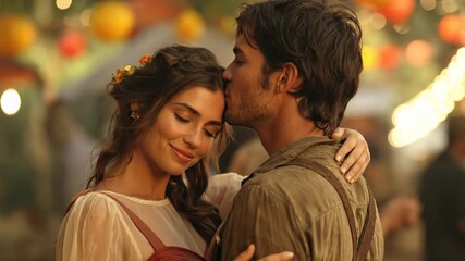 Young loving couple embracing tenderly, sharing a sweet kiss amidst warm vibrant glowing festival lights, embodying heartfelt Spanish romance.