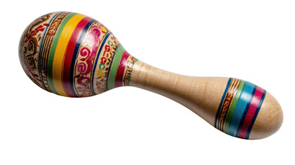 Maraca musical instrument, colorful shaker percussion with wooden handle, vibrant design on transparent background