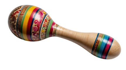 Maraca musical instrument, colorful shaker percussion with wooden handle, vibrant design on transparent background