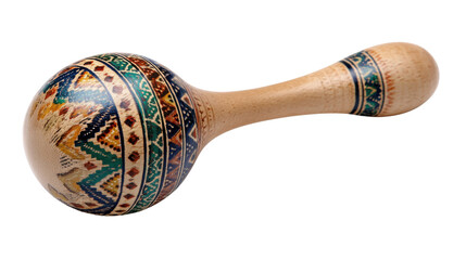 Wooden maraca creating music with traditional tribal patterns, a percussion instrument with transparent background