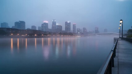 Panoramic view of a modern cityscape enveloped in thick fog or mist at sunrise or sunset. City lights and building reflections create a serene and mystical urban waterfront scene. - Powered by Adobe