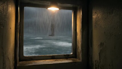 POV from inside a dimly lit room looking out a window at a stormy ocean. Torrential rain streaks the glass while waves violently crash against a distant ship, creating a dramatic, moody, and intense m - Powered by Adobe