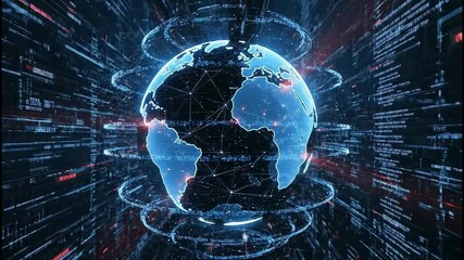 Global digital network connecting continents with data streams and code, representing interconnected world - Powered by Adobe
