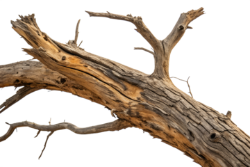 A close-up of a dead tree branch, showcasing its rough, weathered texture and broken ends. The branch is isolated on a white background, highlighting its intricate details.