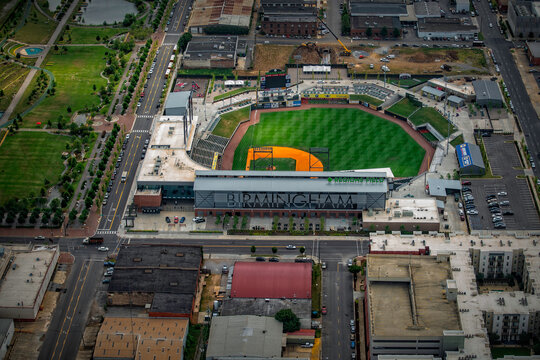 Birmingham Alabama Jun 30, 2014: Southside railroad park Regions park aerial