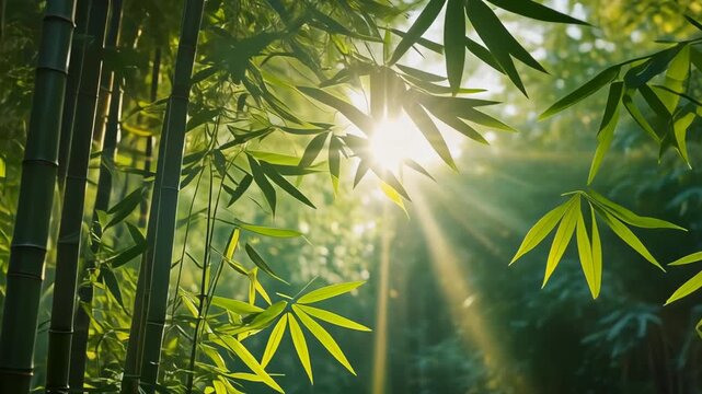 Radiant sunbeams illuminate a dense bamboo forest with lush green leaves and tall stalks. This tranquil natural setting offers a serene and calming background for various projects.