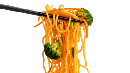 A pair of chopsticks holding a serving of vibrant yellow noodles mixed with broccoli and shredded carrots, set against a clean white background.