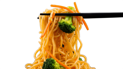 A mouth-watering noodle dish with broccoli and carrots being carefully lifted by a pair of chopsticks, showcasing a typical Asian culinary delight.